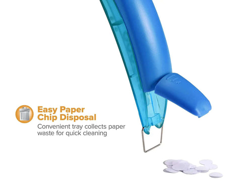 EZ Squeeze Reduced Effort One Hole Punch showing easy clean chip tray open with paper chips on surface