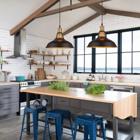 Dope Matte Black Farmhouse Pendant Lights Kit For Kitchen Island Vintage Industrial Barn Style Hanging Bar Lights With Oil Rubbed Bronze Accents Adjustable Cord Soft Glow 12 Inch Pendant Lamps 2 Pack above kitchen island
