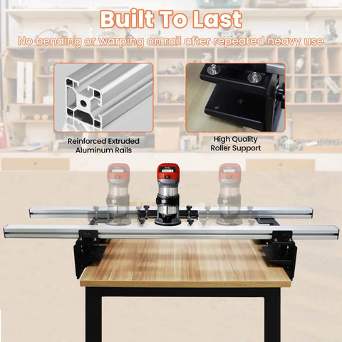 47.2 Inch Router Sled For Flattening Slabs, showing reinforced aluminum rails and roller support on a workshop table.