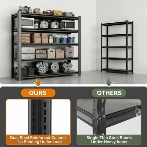 Heavy Duty 3500 Lb 5 Tier Garage Shelving Unit With Adjustable Shelves For Garage Basement Warehouse And Pantry 48 W x 20 D x 74 H Black Steel Storage Racks Built Like A Tank, loaded with storage items