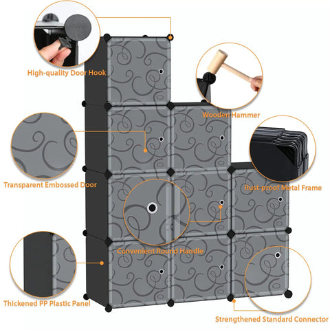 Cube Storage Organizer With Doors, 9 Cube Modular Shelves Closet Cabinet, DIY Plastic Bookshelf For Bedroom And Living Room, showing detailed components.