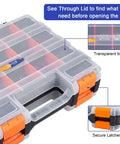 Double Sided Parts Organizer With Removable Dividers and transparent lid, featuring secure orange latches and handle.