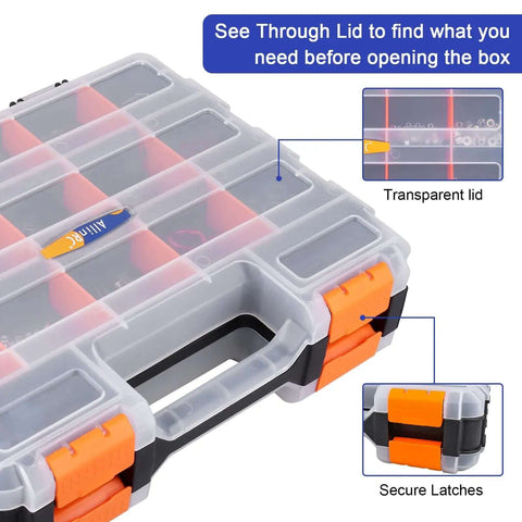 Double Sided Parts Organizer With Removable Dividers and transparent lid, featuring secure orange latches and handle.