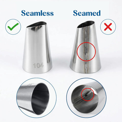 Comparison of seamless and seamed tips for 4 Piece Flower Piping Tips Set For Cake Decorating Pro Grade Stainless Steel Petal Icing Tips