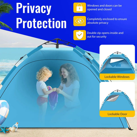 Easy Setup Beach Tent Sun Shelter For Family Beach Day Ideal 4 To 5 Person Shade With UV 50 Plus Protection Wind Resistant Lightweight Portable Pop Up Shade Shelter With Double Door And Mesh Windows showing family using tent