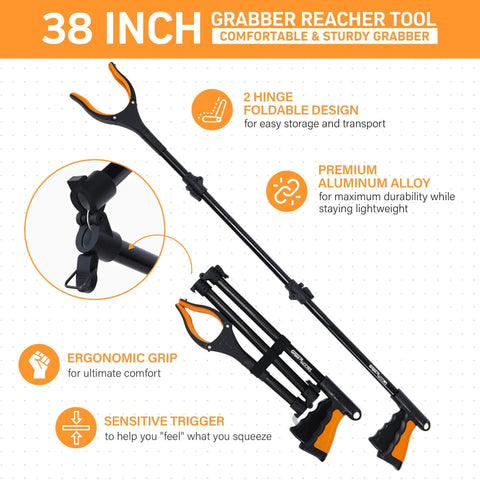 38 Inch Extra Long Grabber Reacher Tool 2 Pack With Foldable Jaw And 360 Degree Rotating Tip, Heavy Duty Pick Up Grabbers For Seniors, Easy Grip Mobility Aids, Trash Cleanup, Cleaning And Recovery