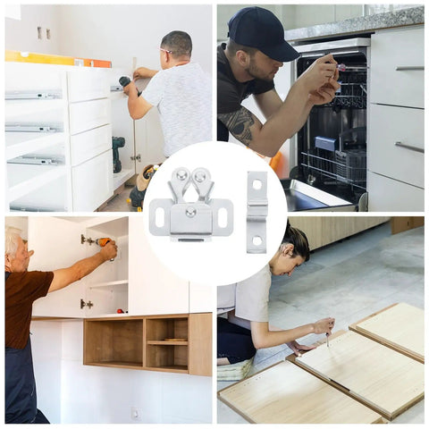 20 Sets Cabinet Buckle Locks With Double Ball Roller Catch Cold Rolled Steel Construction in use on various cabinets.