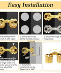 Installation guide for 8 Pcs Solid Brass Barrel Hinges 18x8mm for Wooden Jewelry Boxes, showing steps 1 to 5 with polished gold hinges.