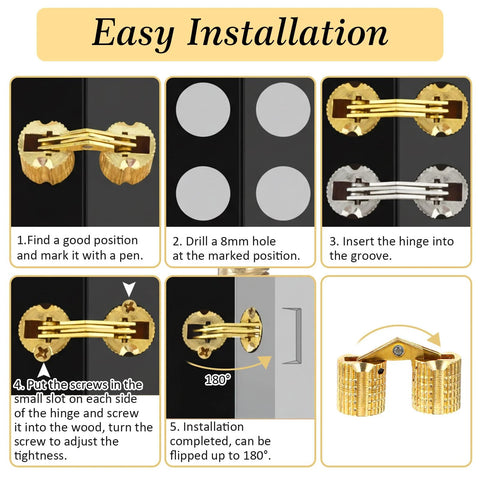 Installation guide for 8 Pcs Solid Brass Barrel Hinges 18x8mm for Wooden Jewelry Boxes, showing steps 1 to 5 with polished gold hinges.