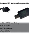 2 Pack 7.4V USB Charger Cable With SM-3PIN Plug For RC Cars Planes Tanks Boats And Other Remote Control Toys Universal 7.4V