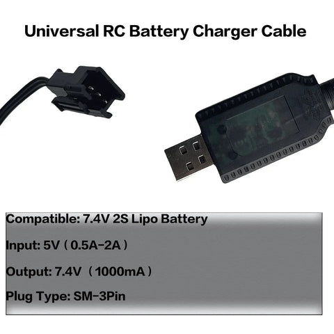 2 Pack 7.4V USB Charger Cable With SM-3PIN Plug For RC Cars Planes Tanks Boats And Other Remote Control Toys Universal 7.4V