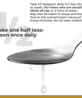 Spoon with PH Minerals Trace Mineral Drops For Water, Magnesium Rich Liquid Concentrate, instructions for daily dosage.