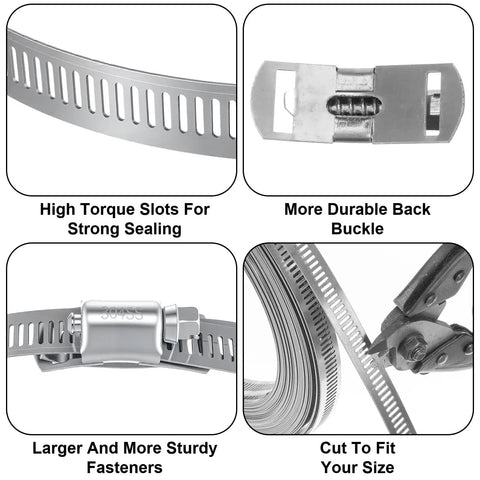 Heavy Duty Stainless Steel Hose Clamp Kit Featuring A Roll Of 50 Ft Cut To Any Length Metal Strapping With 24 Fasteners For Fuel Lines Auto Tubes And Plumbing Jobs That Need Real American Tough Durability, 304SS band close-up