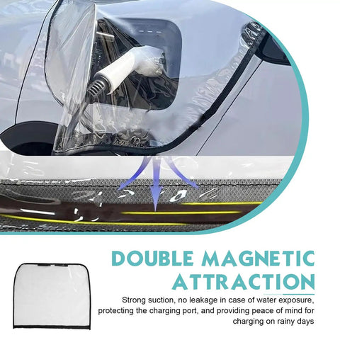 Magnetic EV Charger Port Cover With Straight Up Waterproof PVC Shield protecting electric vehicle charging port from water.
