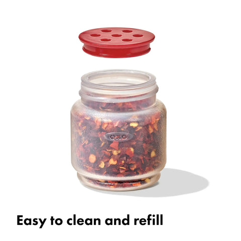 Outdoor 7 Piece Spice Shaker and Squeeze Bottle Set for Camping with red lid and clear container for spices