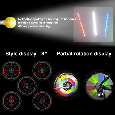 Colorful Reflective Spoke Wraps Kit For Bikes 84 Pieces 7 Sets Easy Install shown with reflective glow and wheel style display