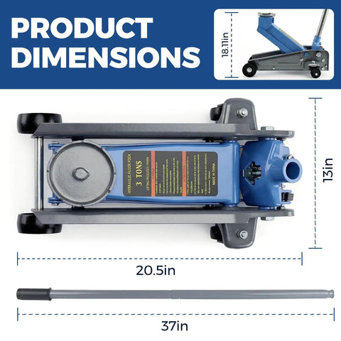 3 Ton Hydraulic Floor Jack 6600 Lbs Lift Range Heavy Duty Steel Race Car Stand dimensions shown with measurements.