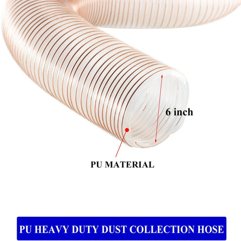 Heavy Duty Clear PU Dust Collection Hose 6 Inch By 30 Feet With Clamps, flexible and see through with copper wire coil