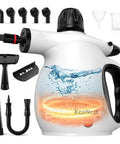 Powerful Handheld Steam Cleaner With Huge Tank And 11 Nifty Accessories For Deep Cleaning Cars Furniture Floors Kitchens Windows And More Featuring Safety Lock Plus Quick Heating Technology That Dings Out Grime Effortlessly Without Toxic Chemicals Making, showing accessories and water tank.