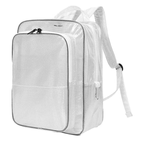 Heavy Duty Pvc Antistatic Backpack With Spacious Transparent Front Panel Ergonomic Tool Pack Built Solid For Cleanroom Protocols And All Day Job Site Hauls, clear PVC design with padded straps.