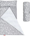 Cozy Toddler Nap Mat With Removable Pillow And Fleece Minky Blanket Grey, Lightweight Sleeping Bag, Rolled and Unrolled View