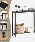 Slick Industrial Console Table For Tight Spaces, Hella Compact Two Tier Sofa Table With Open Storage Shelves, Matte Black Finish, displaying baskets and decor.