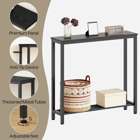Slick Industrial Console Table For Tight Spaces, Hella Compact Two Tier Sofa Table With Open Storage Shelves, Matte Black Finish, displaying baskets and decor.
