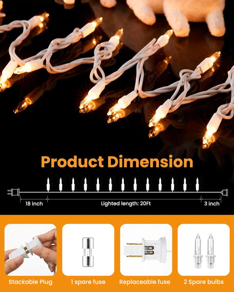 Clear Christmas Lights Set With 100 Mini Bulbs On White Wire 20 Feet Incandescent String Lights dimensions and components