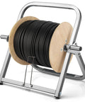 Heavy Duty Steel Cable Caddy And Wire Spool Rack Dispenser For Reels Up To 100 Lb Portable shown with wooden reel and cable