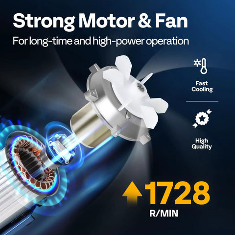 Close-up of a powerful motor and fan for high-speed operation, highlighting features of fast cooling and high quality at 1728 RPM.
