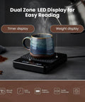 Barista-Grade Coffee Scale With Timer 3Kg Capacity with dual zone LED display and ceramic mug on silicone mat, precise weighing