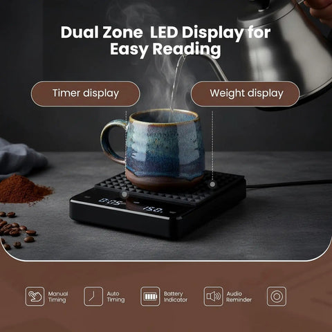 Barista-Grade Coffee Scale With Timer 3Kg Capacity with dual zone LED display and ceramic mug on silicone mat, precise weighing