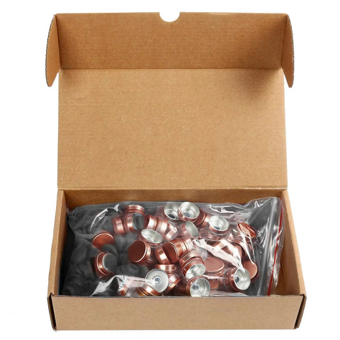 Open box with 100 silver and copper caps for use with 20mm Vial Manual Crimper Hand Sealing Machine With 100 Vials Stoppers And Caps Portable Cap Crimping Tool For Medical Bottles Antibiotics Bottles Durable Stainless Steel 304 Construction.