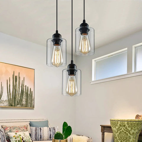 Industrial 3 Light Pendant Lighting With Adjustable 39.4 Inch Cords, Clear Glass Shade For Kitchen Island, Dining Room, Hallway And Bedroom, E26 Base Ready hanging in living room
