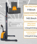 Heavy Duty Electric Pallet Stacker With One Eighteen Inch Lift Height And Three Thousand Three Hundred Pound Capacity for lifting cargo.