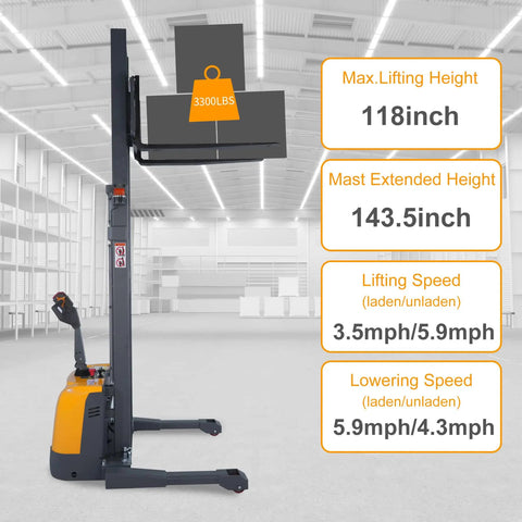 Heavy Duty Electric Pallet Stacker With One Eighteen Inch Lift Height And Three Thousand Three Hundred Pound Capacity for lifting cargo.