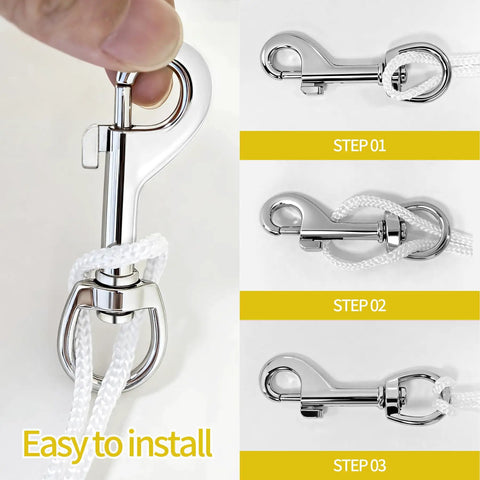 Badass Heavy Duty Swivel Flag Clips 4 Pack All Weather Zinc Alloy Snap Hooks installation steps with rope.
