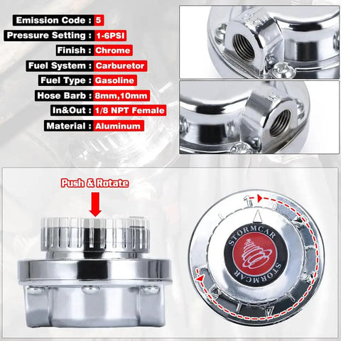 Manual Adjustable Fuel Pressure Regulator Kit With Chrome Silver Body And Gold Plated Fittings For Carburetor Systems