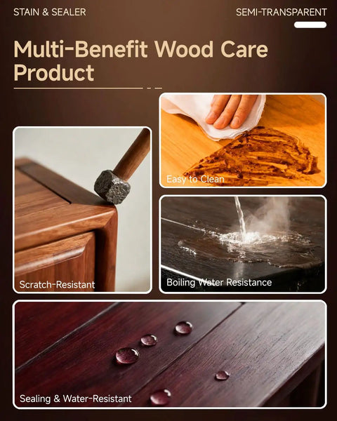 Golden Oak Wood Stain And Sealer In One 16 Oz shown on wood, highlighting scratch resistance and water repellency features.