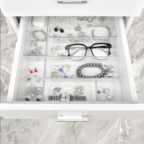 Heavy Duty Clear Plastic Drawer Organizer 12 Piece Set Premium Transparent Vanity Storage Box For Makeup Skincare Cosmetics Straight Up Solid Clutter Buster Built Tough