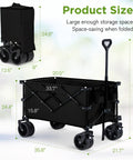Heavy Duty Collapsible Wagon With 400 Lb Capacity For All Terrain Big Wheels Ideal For Sand Beach Camping Garden And Sports Folding Utility Cart Black, shown open and folded with dimensions.