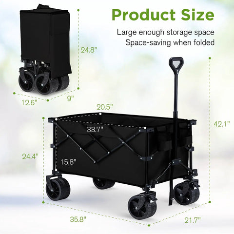Heavy Duty Collapsible Wagon With 400 Lb Capacity For All Terrain Big Wheels Ideal For Sand Beach Camping Garden And Sports Folding Utility Cart Black, shown open and folded with dimensions.