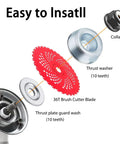 Exploded view of Heavy Duty Carbide Tipped Brush Cutter Blades Set with collar nut, thrust washer, and red 36T blade.