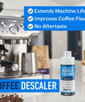Universal Descaling Solution For Coffee Makers And Espresso Machines Made In The USA next to espresso machine in kitchen.