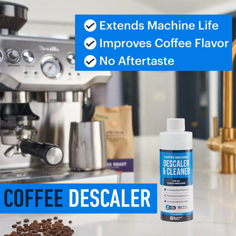 Universal Descaling Solution For Coffee Makers And Espresso Machines Made In The USA next to espresso machine in kitchen.