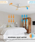 52 Inch Dope Smart Ceiling Fan With Dimmable LED Lights And 10 Speed DC Motor in a bedroom, showing airflow directions.