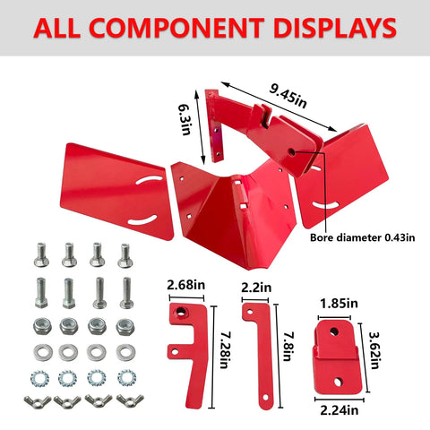 Rear Tine Tiller Furrower Kit with Three Adapter Types, Adjustable Plow Wings, hardware components displayed