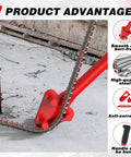 Heavy Duty Manual Rebar Bender For 5/8" Steel Bars showing smooth edges, red high-quality steel frame, and rebar connection on construction site.