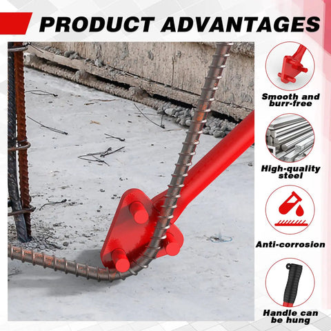 Heavy Duty Manual Rebar Bender For 5/8" Steel Bars showing smooth edges, red high-quality steel frame, and rebar connection on construction site.