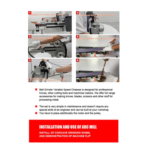 Installation steps for the Hella Tough Variable Speed Belt Sander With 72 By 2 Inch Sandpaper Belt demonstrating belt setup and grinding wheel.